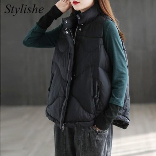 Black Padded Women Warm Vest 2021 Black Vintage Sleeveless Loose Female Coat Winter Coffee Casual Zipper Short Waistcoat Jacket