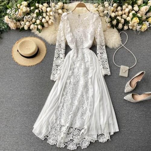 Ordifree 2021 Summer Women Lace Party Dress Long Sleeve Hollow Out Pleated Ruffle Elegant Vacation Maxi Dress