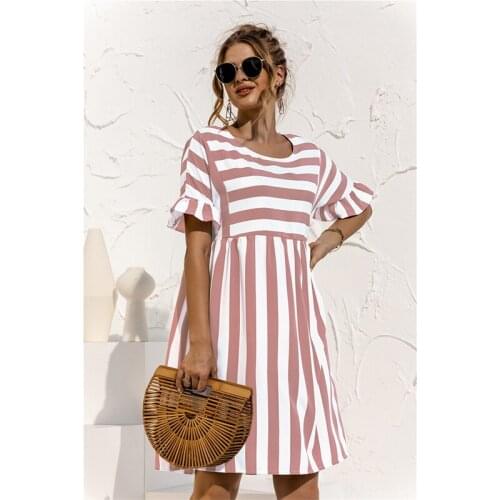 Women Summer Dress 2021 Casual Loose Solid Ruffle Stripe O Neck Short Sleeved Beach Dress