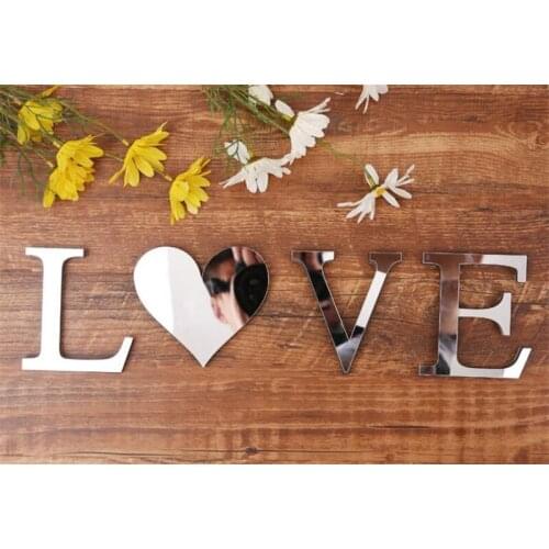 50pcs 28 English Letters Love heart Acrylic Mirror Surface Wall Sticker 3D Silver Alphabet Poster Bedroom Festival Party De