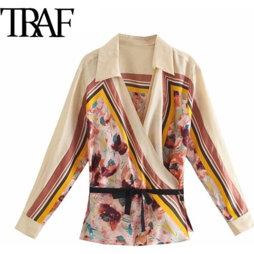 TRAF Women Fashion With Ties Patchwork Printed Wrap Cozy Blouses Vintage Cuffed Long Sleeves Female Shirts Chic Tops