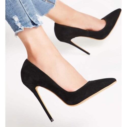 Black Flock 12cm high heel pointed toe sexy stiletto shoes plus size 10cm 8cm party dating classic woman pumps RM007 CHENSIR9