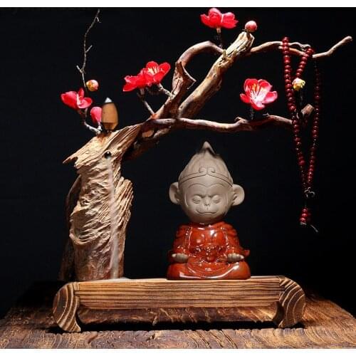 Creative Little Monk Chinese style Censer Backflow Weathered wood Incense Burner Living Room and Home Teahouse Home Decor Zen