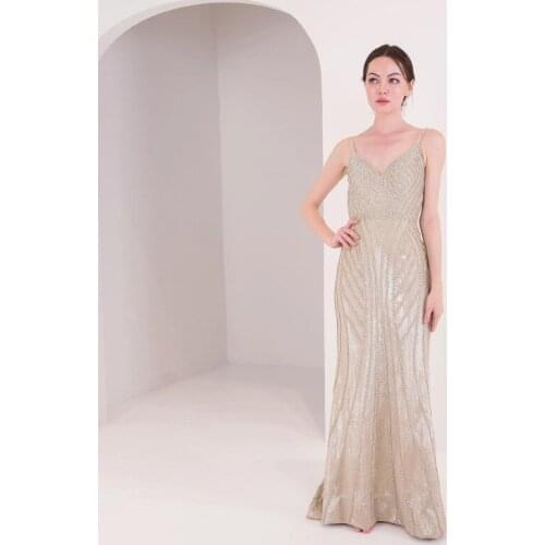 Sexy Straps Long Prom Dresses Champagne Crystals Backless Mermaid Evening Gown Formal Party Dress Sleeveless