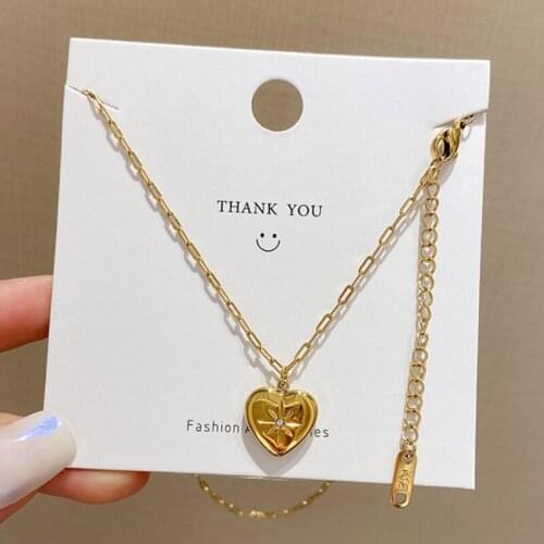 VSnow Minimalist Love Heart Star Stainless Steel Pendant Necklace for Women Girls Delicate Cubic Zircon Chain Necklace Jewelry