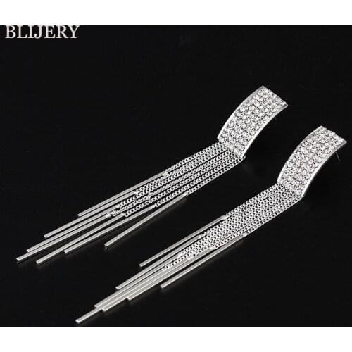 BLIJERY Trendy Gold/Silver Color Crystal Long Tassel Dangle Earrings for Women Wedding Drop Earing Brincos Fashion Jewelry Gifts