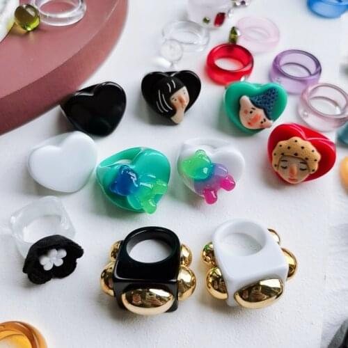 2021 New Korean Vintage Aesthetic Colorful Acrylic Rhinestone Resin Ring Geometry Simple Rings Set For Women Girls Jewelry
