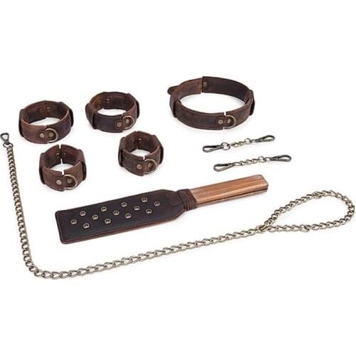 Genuine Leather Collar lead handcuffs lock Ankle whip spanking Flogger Porn Bondage BDSM Restraint slave Exotic Sex Toy couple