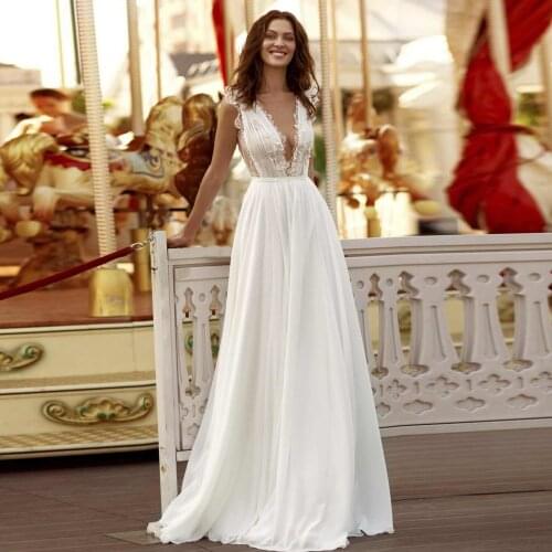Sexy Wedding Dresses Chffion Appliques Pleat V-Neck Sleeveless Backless A-Line Bridal Gowns Novia Do 2021 New Party