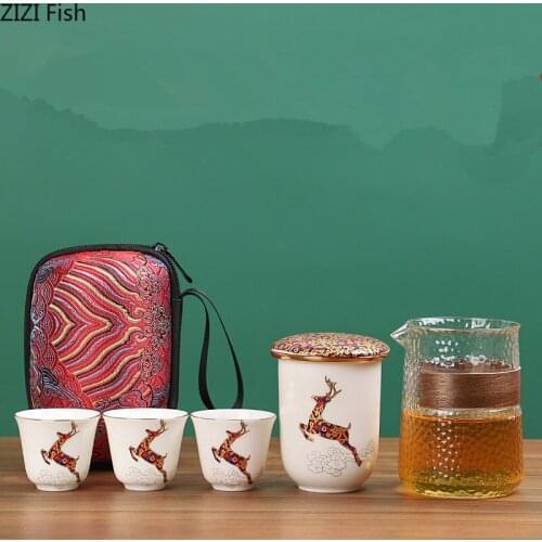 Portable Ceramic Kung Fu Tea Set One Pot and Three Cups Glass Travel Tea Set Japanese-style Hand Painted Home Tea Set Supplies
