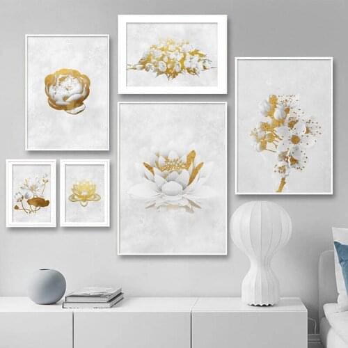 White Golden Lily Lotus Flower Wall Poster Nordic Botanical Floral Print Scandinavian Canvas Painting Contemporary Art Picture