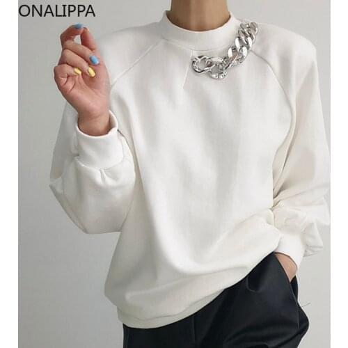 ONALIPPA Casual Hoodies Ladies 2021 Autumn Korean All-Match Stand-Up Collar Chic Chain Decoration Loose Puff Sleeve Sweatshirt