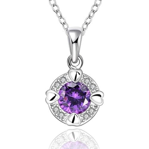 Luxury Solid 925 Sterling Silver Purple CZ Crystal Pendant Necklace High Quality Cubic Zircon Woman Jewelry Fast Shipping