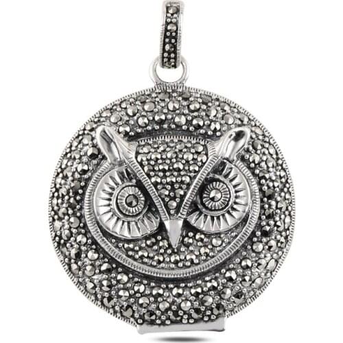 Silver 925 Sterling Owl Marcasite Pendant