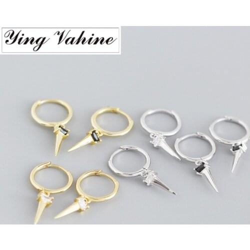 Ying Vahine 100% 925 Sterling Silver Black and White Zircons Small Rivet Pendant Drop Earrings for Women