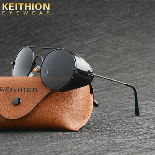 KEITHION Retro Steam Punk Sunglasses For Men Women Side Shield Round Steampunk Vintage Glasses Shades UV400