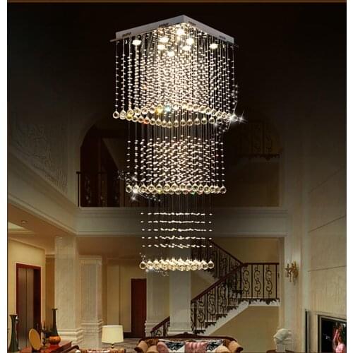 Modern Square LED Crystal Chandelier Lighting Raindrop Light Fixture Stair Lamp for Hallway Stair Foyer Living Room