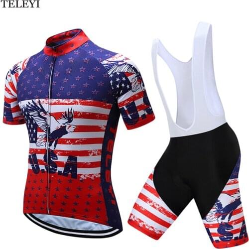 TELEYI Team Summer USA Pro Team Ropa Ciclismo Cycling Jersey Bicycle Men Wear Clothing Short Sleeve Shirt Bib Shorts Sets