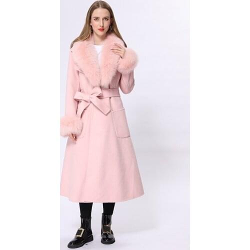 Winter Women Long Over The Knee Solid Belted Cashmere Wool Trench Coat With Fox Fur Collar MJF-CC-06