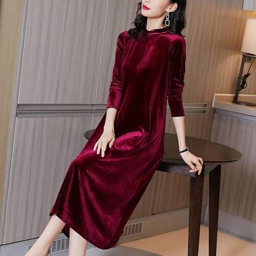 Ukraine Fashion Elegant Winter and Autunm women stand collar long maxi velvet dress,vintage party dress plus size Vestidos M-7XL