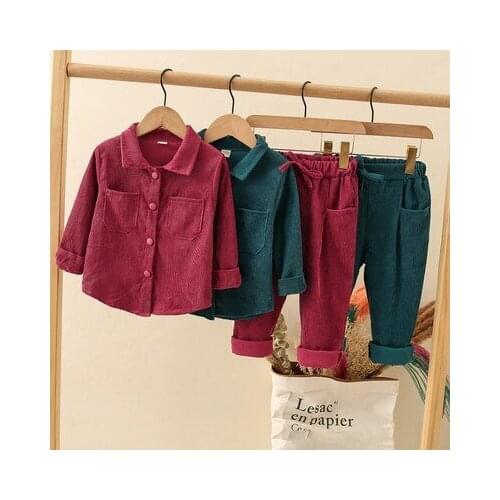 Corduroy Boys Girls Shirts Suits Single Breasted Tops+Pants Kids Unisex 2 Pcs Clothes Suits Casual Solid Children Pants Set