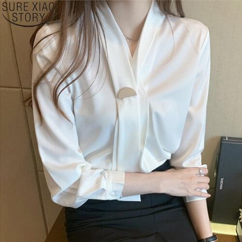 Satin Solid Elegant Blouse Office Lady Shirt Fashion Tie 2021 Autumn V-neck Pullover White Long Sleeve Blouse Women Tops 11054