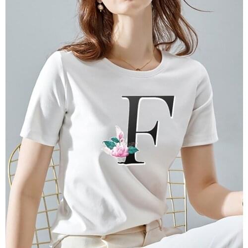 Womens Summer T-shirt 26 Letter Series Combination Ladies High-quality Printed T-shirt Flower Letter Font Short-sleeved Clothes