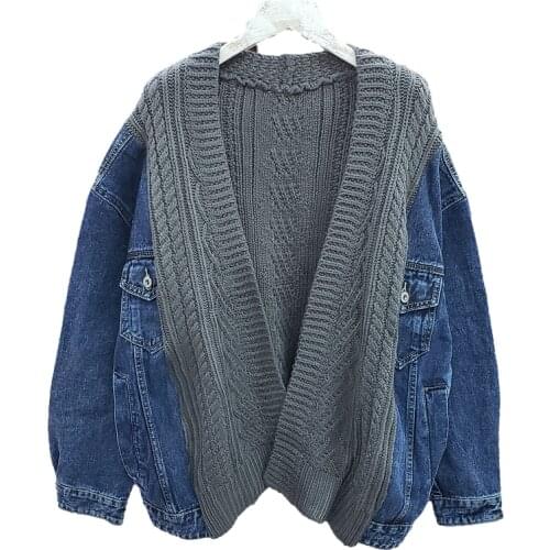 2021 Autumn Fashion Knitted Splicing Denim Jacket Coat Women Short Student Outwear Loose V-Neck Long Sleeve Jeans Jacket Female