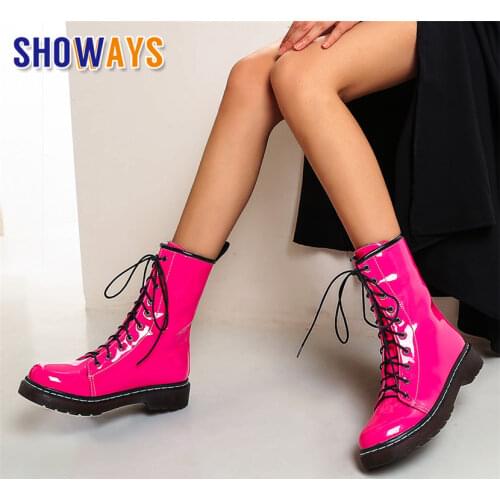 British Winter Autumn Women Martin Boots Medium Thick Heels Red Black Casual Office Lady Lace-up Motorcycle Platform Ankle Boots