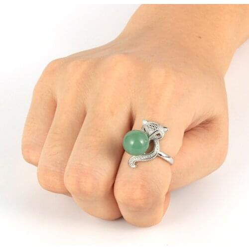 Women Natural Stone Red Agates Green Tanglin Finger Rings Lapis Lazuli Turquoises Fox Animal Silver-Plate Open Rings Jewelry