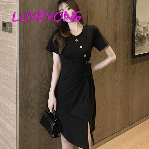 Lady Button Crop O Neck Short Sleeve Dresses Solid Black Gothic Women Elegant Cross Dress Split Hip Slim Korean Fashion Clothes
