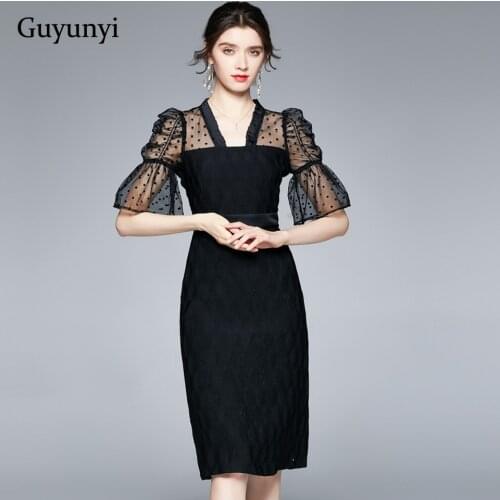 Black Office Lady Dress 2021 Summer Ruffle V-Neck Dot Mesh Stitching Flared Sleeves High Waist Elegant Party Dress Women
