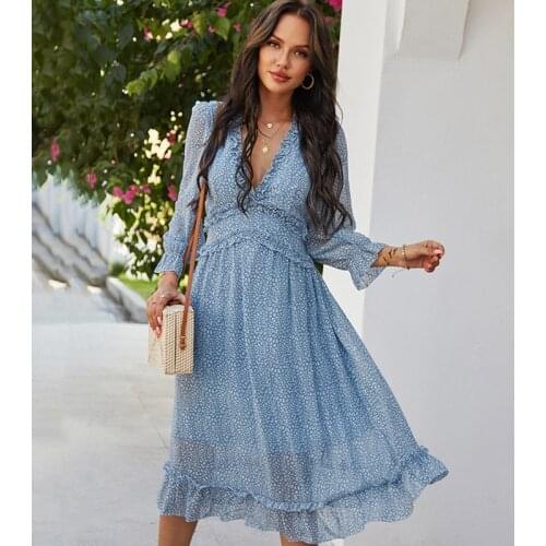 Chiffon Boho Summer Beach Holiday Midi Dress Floral Print Deep V Neck Long Wrist Sleeve Maxi Dresses For Women Elegant Robe New