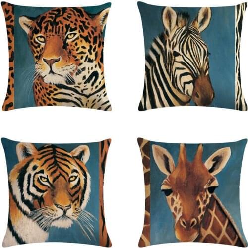 Animals World Portrait Cushion Cover Cotton Linen Tiger Leopard zebra Giraffe Pillowcase Home Decorative 45x45cm Pillow Cover