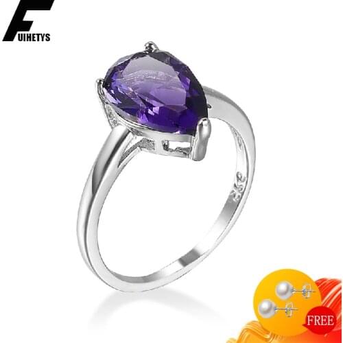 BaliJelry Trendy Ring 925 Silver Jewelry for Women Water Drop Shape Amethyst Gemstone Finger Rings Wedding Engagement Accessory