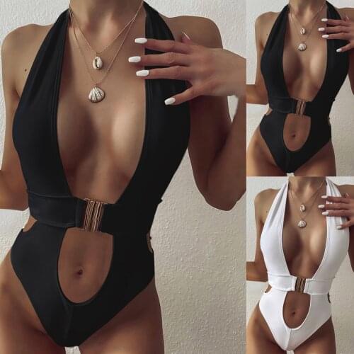 1pcs Solid Color Deep V WomenS Swimsuits Brazilian Swimwear Beach Wear Female Biquini Sexy Buckle Design Bikini Swimsuit