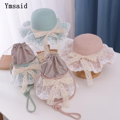 Cute Girls Straw Hat +Should Bag Handbag 2Pcs Sets For Tour Summer Kid Princess Lace Bow Beach Hats UV Protection Sun Hat