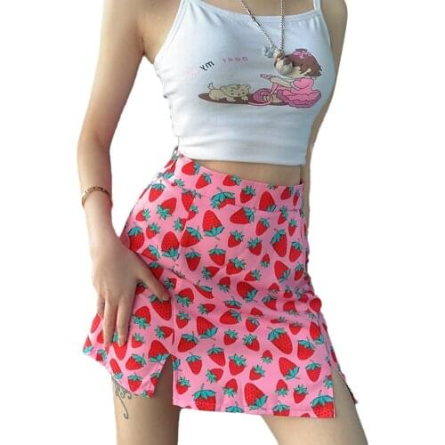 Summer Women Strawberry Print Mini Skirts Fashion Casual Sexy Sweet Pink High Waist Clubwear A-Line Short Skirts 2020 New