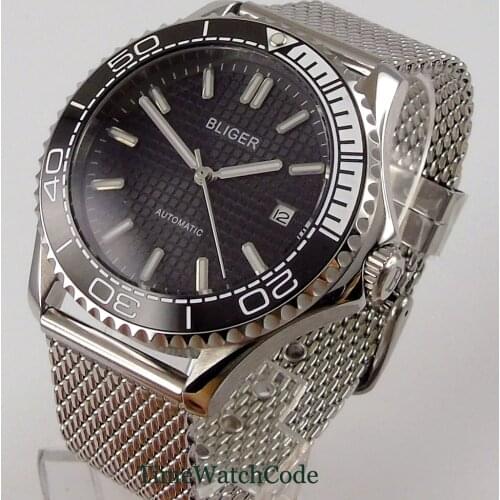 41mm Men’s Wristwatch Black Dial Date Indicator Mesh Strap Watchband 21 Jewels Miyota8215 Automatic Movement Sapphire Glass