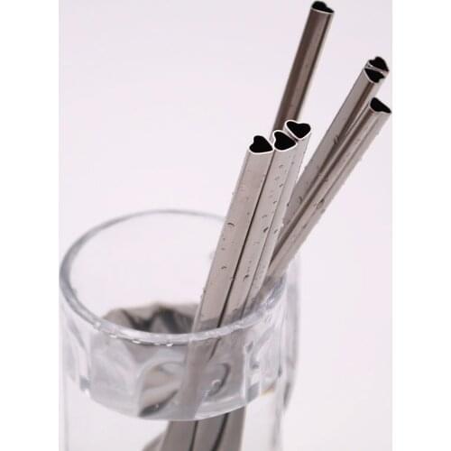 Metal Drinking Straws Heart Shaped Reusable Straight Drinks Straws Stainless Steel Metal Straw Cleaning Brush Set Party