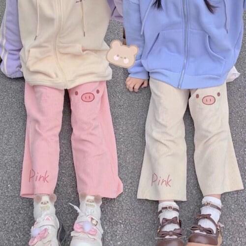 Autumn College Japanese Soft Girl Cute Pink Pig WomenS Wide-Leg Pants Student Korean Loose Nine-Point Wick Straight-Leg Pants
