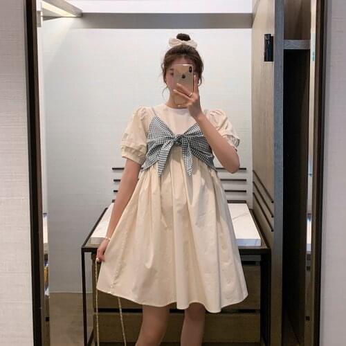 29447# Maternity Dress Summer Cotton Short Sleeves Bow Knot Decoration Midi Dress Plus Size Pregnancy Pregnant Women Mom Dress