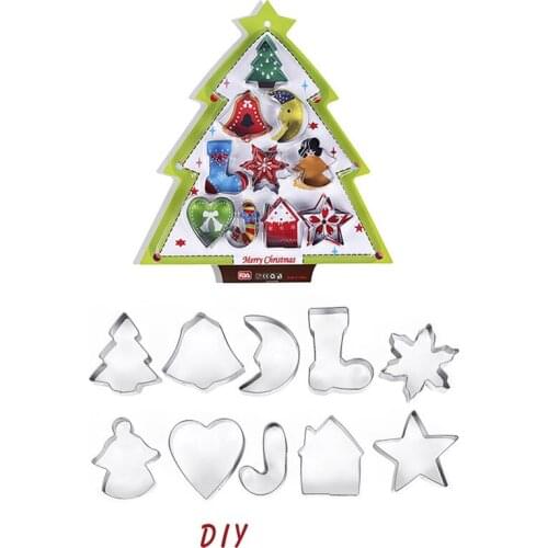 X-mas Cookie Cutters Cake Mould Mold Tree Star House Bells Snowflake Christmas Biscuit Bakeware Tool Stainless Steel 10pcs/set