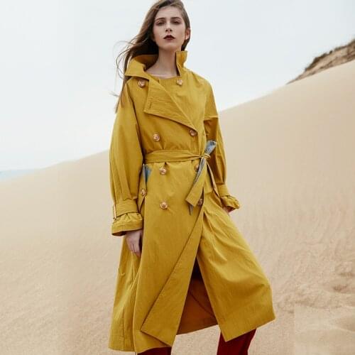 Retro Style Yellow Windbreaker Mid Length Lace Up 2021 New Spring and Autumn Korean Womens Coat