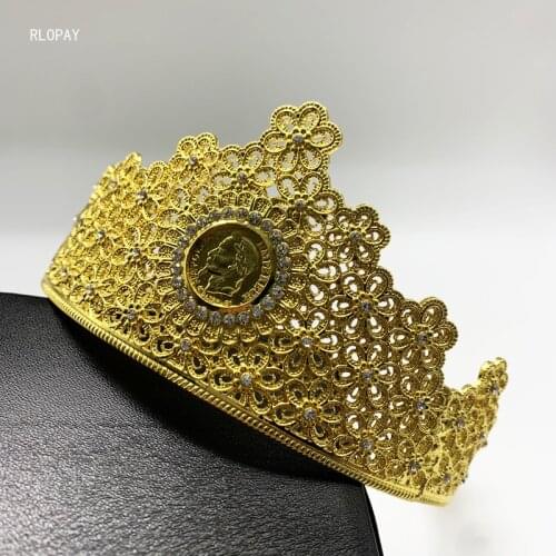 New Hollowed Flower Design Crown for Women French Coin Hair Clips for Women Luxury Arabic Bridal Hair Accessories In Gold