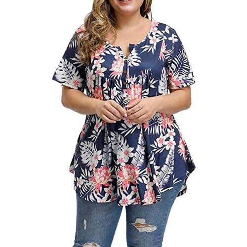 Womens Casual Plus Size Short Sleeve Loose T-Shirts Floral Button Pleated Tunic Tops v-neck female pullover tops summer clothes