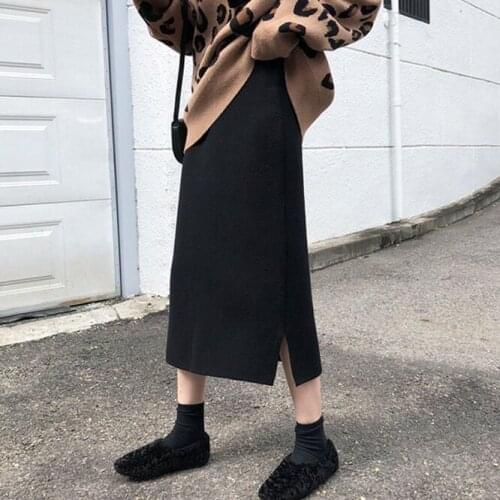 2021 Autumn Winter Womens Skirt Black Split Knit Medium Length High Waist A-line Skirt Hip Wrap Skirt Girls Commute