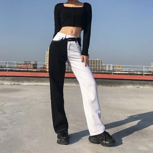 2021 Women Black White Patchwork Jeans Sexy Fashion Vintage Y2K Denim Pants Spring Streetpants Female Fall Hip Hop Trousers P068