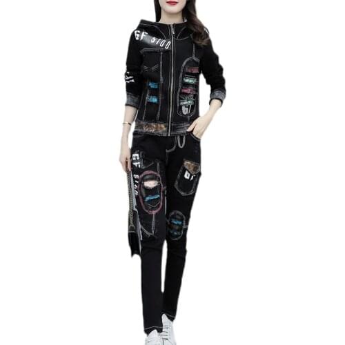 Women Denim Two-piece 2021 Spring Autumn New Slim Casual Sets Nine Pants Long-sleeved Jeans Suit Basic Coat Conjunto Feminino