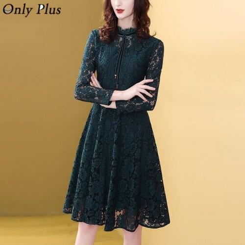 ONLY PLUS Green Lace Dress For Women Hollow Out A-line Floral Vintage Party Knee Long Sleeve Dress Spring Autumn Slim High Waist